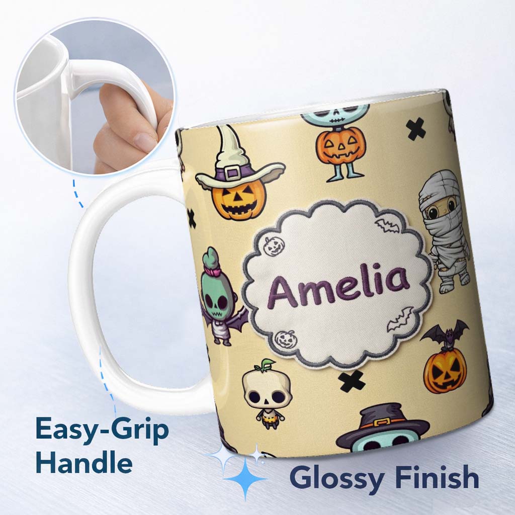 Personalized Custom Name Cute Halloween Characters Mummy Frankenstein Bat Beige Background 11oz Ceramic Coffee Tea Mug White Large Handle