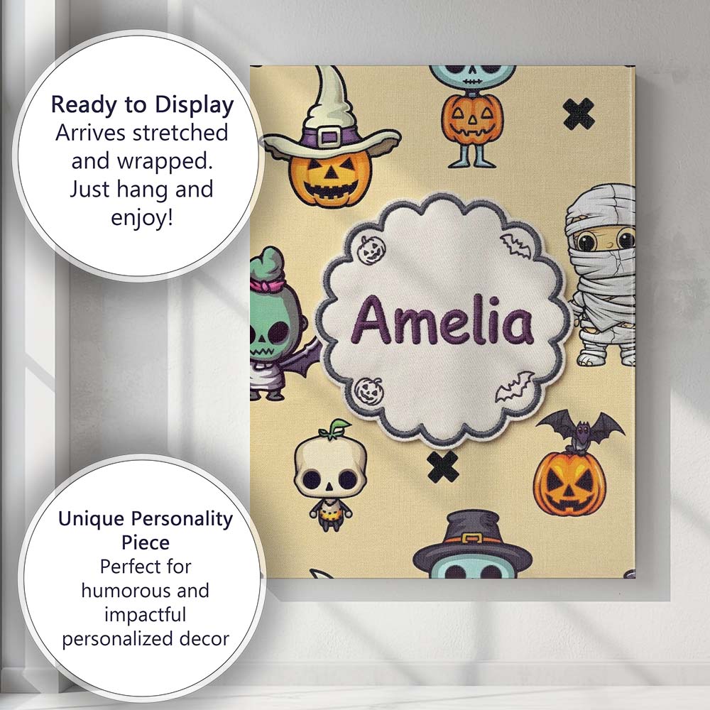 Personalised Name Cute Halloween Characters Custom  Bespoke Interior Contemporary Canvas Wall Art Print Decor Picture Ready to Hang