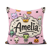 Custom Name Cute Halloween Characters Mummy Bat Pink Background Square Filled Cushion Throw Pillow Sofa Bed Home Decor Zip Washable UK Made