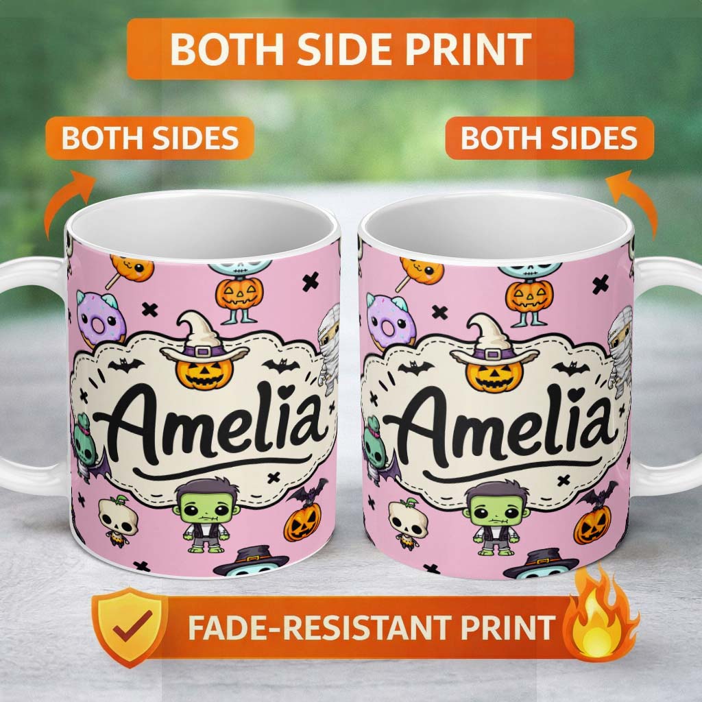 Personalized Custom Name Cute Halloween Characters Mummy Frankenstein Bat Pink Background 11oz Ceramic Coffee Tea Mug White Large Handle