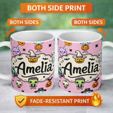 Personalized Custom Name Cute Halloween Characters Mummy Frankenstein Bat Pink Background 11oz Ceramic Coffee Tea Mug White Large Handle