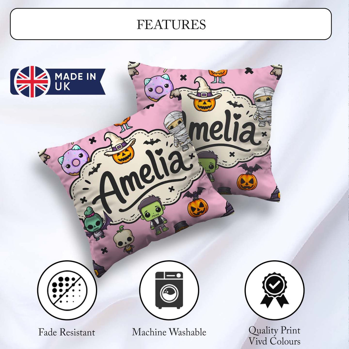 Custom Name Cute Halloween Characters Mummy Bat Pink Background Square Filled Cushion Throw Pillow Sofa Bed Home Decor Zip Washable UK Made