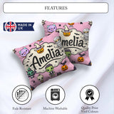 Custom Name Cute Halloween Characters Mummy Bat Pink Background Square Filled Cushion Throw Pillow Sofa Bed Home Decor Zip Washable UK Made