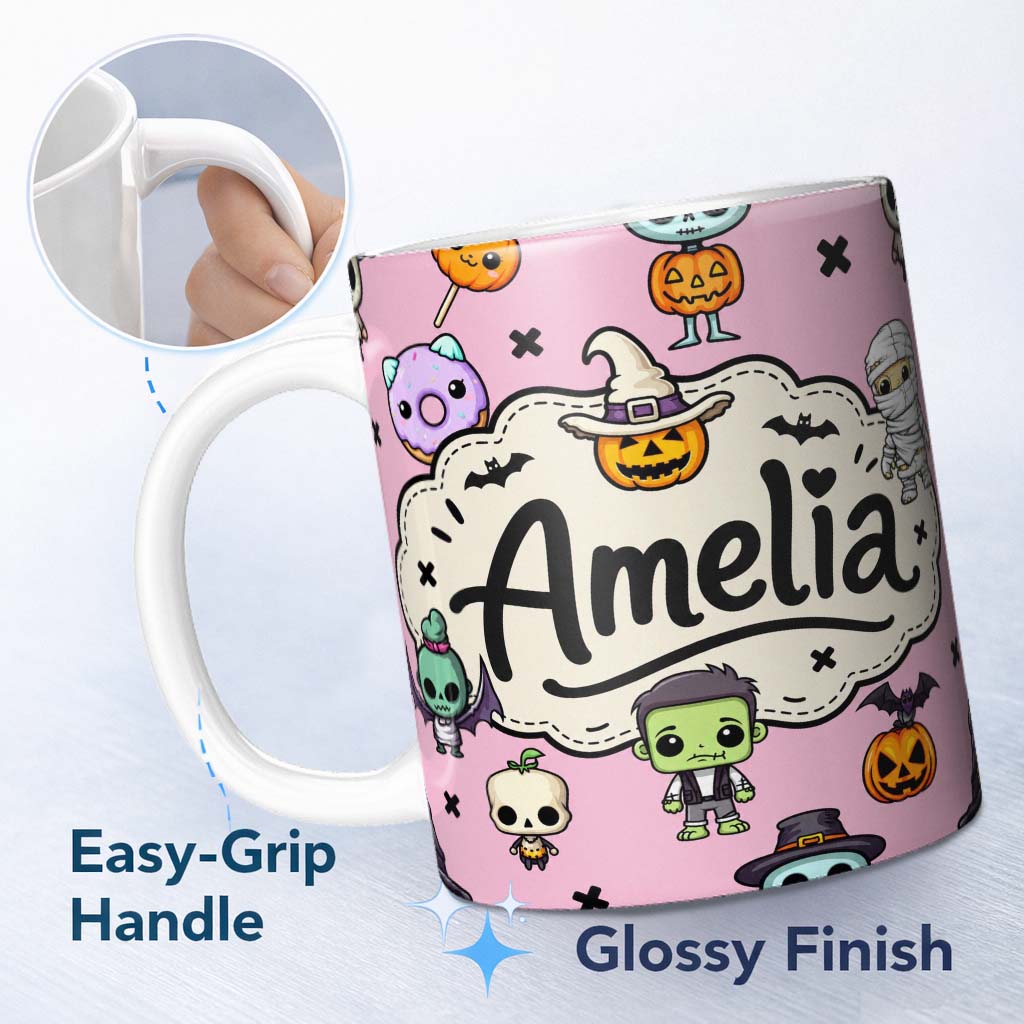 Personalized Custom Name Cute Halloween Characters Mummy Frankenstein Bat Pink Background 11oz Ceramic Coffee Tea Mug White Large Handle
