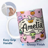 Personalized Custom Name Cute Halloween Characters Mummy Frankenstein Bat Pink Background 11oz Ceramic Coffee Tea Mug White Large Handle
