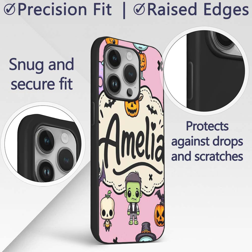 Cute Halloween Characters Mummy Frankenstein Bat Custom Name Protective Phone Case Mobile Cover Durable Everyday Smartphone Shock Resistant