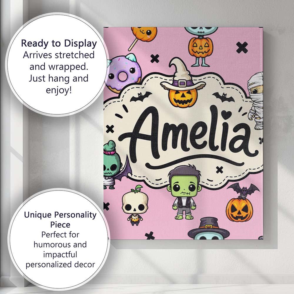 Personalised Name Cute Halloween Characters Custom  Bespoke Interior Contemporary Canvas Wall Art Print Decor Picture Ready to Hang