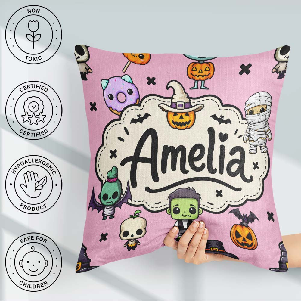 Custom Name Cute Halloween Characters Mummy Bat Pink Background Square Filled Cushion Throw Pillow Sofa Bed Home Decor Zip Washable UK Made