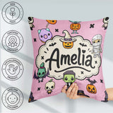 Custom Name Cute Halloween Characters Mummy Bat Pink Background Square Filled Cushion Throw Pillow Sofa Bed Home Decor Zip Washable UK Made