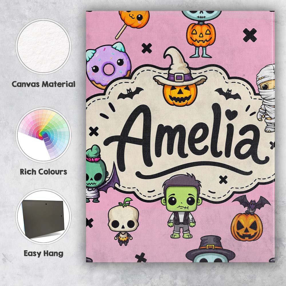 Personalised Name Cute Halloween Characters Custom  Bespoke Interior Contemporary Canvas Wall Art Print Decor Picture Ready to Hang
