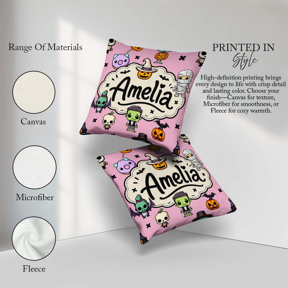 Custom Name Cute Halloween Characters Mummy Bat Pink Background Square Filled Cushion Throw Pillow Sofa Bed Home Decor Zip Washable UK Made