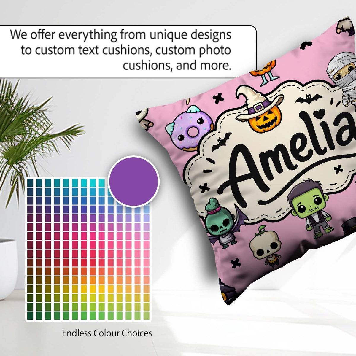 Custom Name Cute Halloween Characters Mummy Bat Pink Background Square Filled Cushion Throw Pillow Sofa Bed Home Decor Zip Washable UK Made