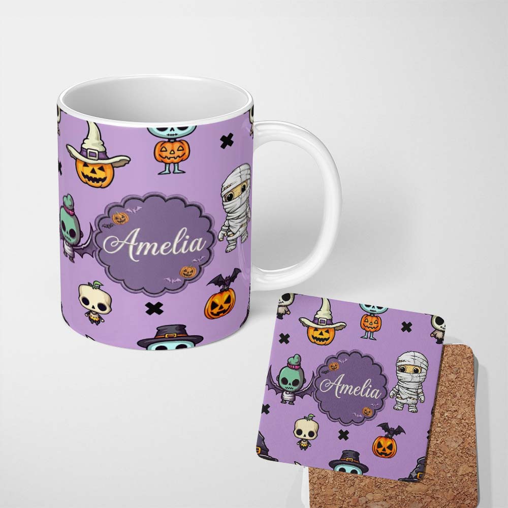 Personalized Custom Name Cute Halloween Characters Mummy Frankenstein Bat Purple Background 11oz Ceramic Coffee Tea Mug White Large Handle