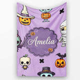 Cute Halloween Characters Mummy Frankenstein Bat Purple Background  Personalised Custom Name Super Soft Fleece Blanket Bed Sofa Throw