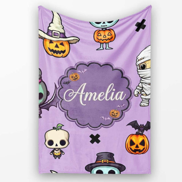 Cute Halloween Characters Mummy Frankenstein Bat Purple Background  Personalised Custom Name Super Soft Fleece Blanket Bed Sofa Throw