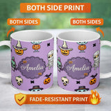 Personalized Custom Name Cute Halloween Characters Mummy Frankenstein Bat Purple Background 11oz Ceramic Coffee Tea Mug White Large Handle