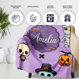 Cute Halloween Characters Mummy Frankenstein Bat Purple Background  Personalised Custom Name Super Soft Fleece Blanket Bed Sofa Throw