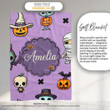 Cute Halloween Characters Mummy Frankenstein Bat Purple Background  Personalised Custom Name Super Soft Fleece Blanket Bed Sofa Throw