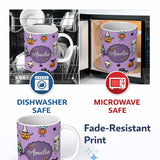 Personalized Custom Name Cute Halloween Characters Mummy Frankenstein Bat Purple Background 11oz Ceramic Coffee Tea Mug White Large Handle