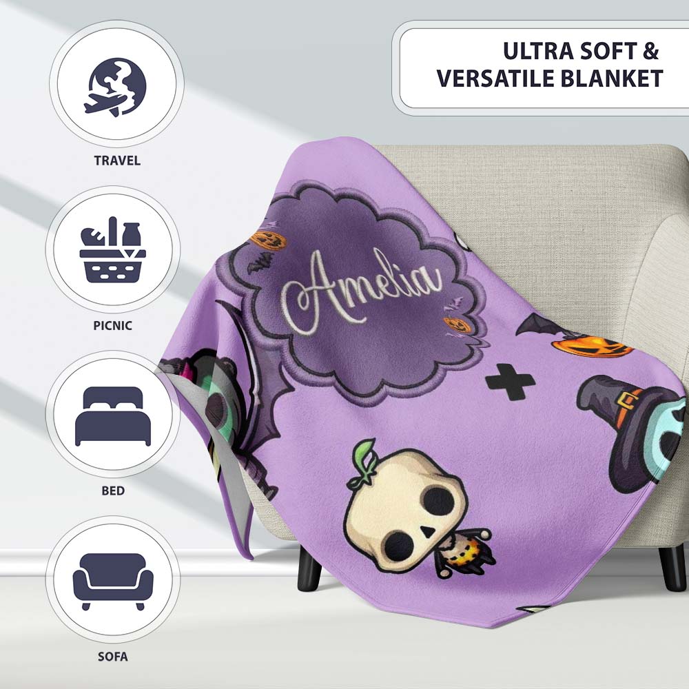 Cute Halloween Characters Mummy Frankenstein Bat Purple Background  Personalised Custom Name Super Soft Fleece Blanket Bed Sofa Throw