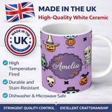 Personalized Custom Name Cute Halloween Characters Mummy Frankenstein Bat Purple Background 11oz Ceramic Coffee Tea Mug White Large Handle