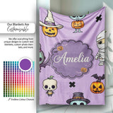 Cute Halloween Characters Mummy Frankenstein Bat Purple Background  Personalised Custom Name Super Soft Fleece Blanket Bed Sofa Throw
