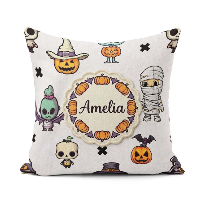 Custom Name Cute Halloween Frankenstein Mummy Character Seamless Square Filled Cushion Throw Pillow Sofa Bed Home Decor Zip Washable UK Made