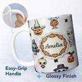 Personalized Custom Name Cute Halloween Frankenstein Mummy Pumpkin Character Seamless 11oz Ceramic Coffee Tea Mug White Large Handle