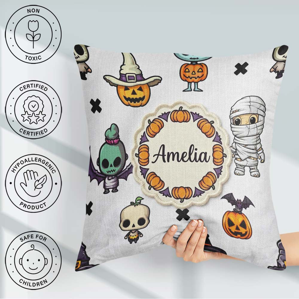 Custom Name Cute Halloween Frankenstein Mummy Character Seamless Square Filled Cushion Throw Pillow Sofa Bed Home Decor Zip Washable UK Made