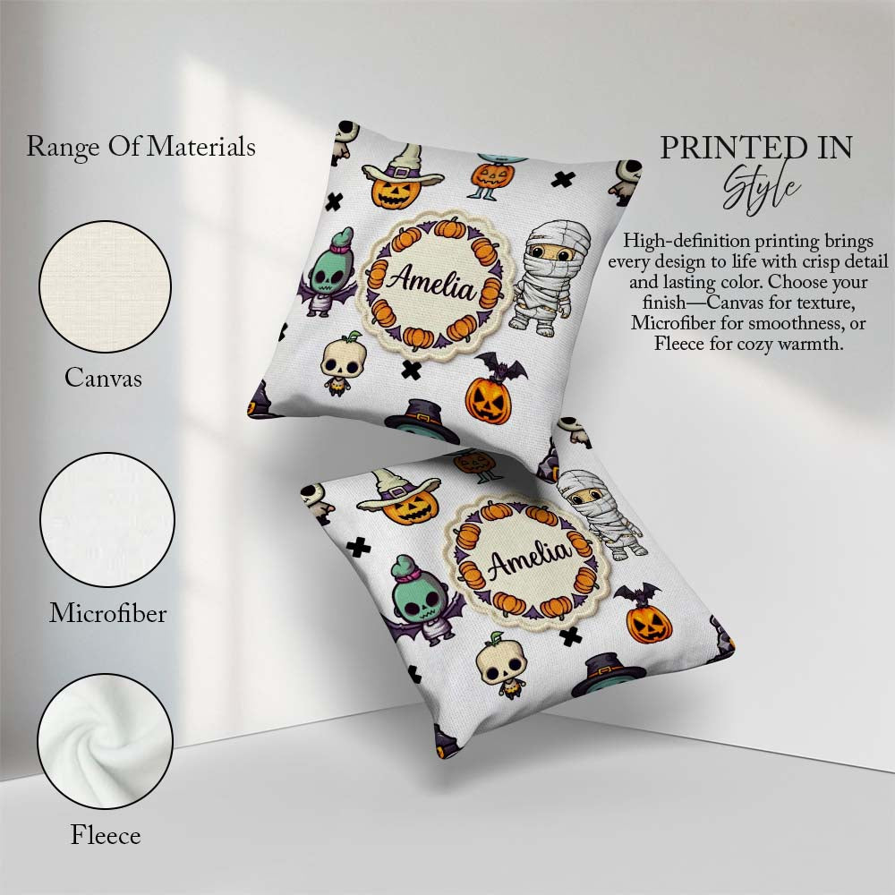 Custom Name Cute Halloween Frankenstein Mummy Character Seamless Square Filled Cushion Throw Pillow Sofa Bed Home Decor Zip Washable UK Made