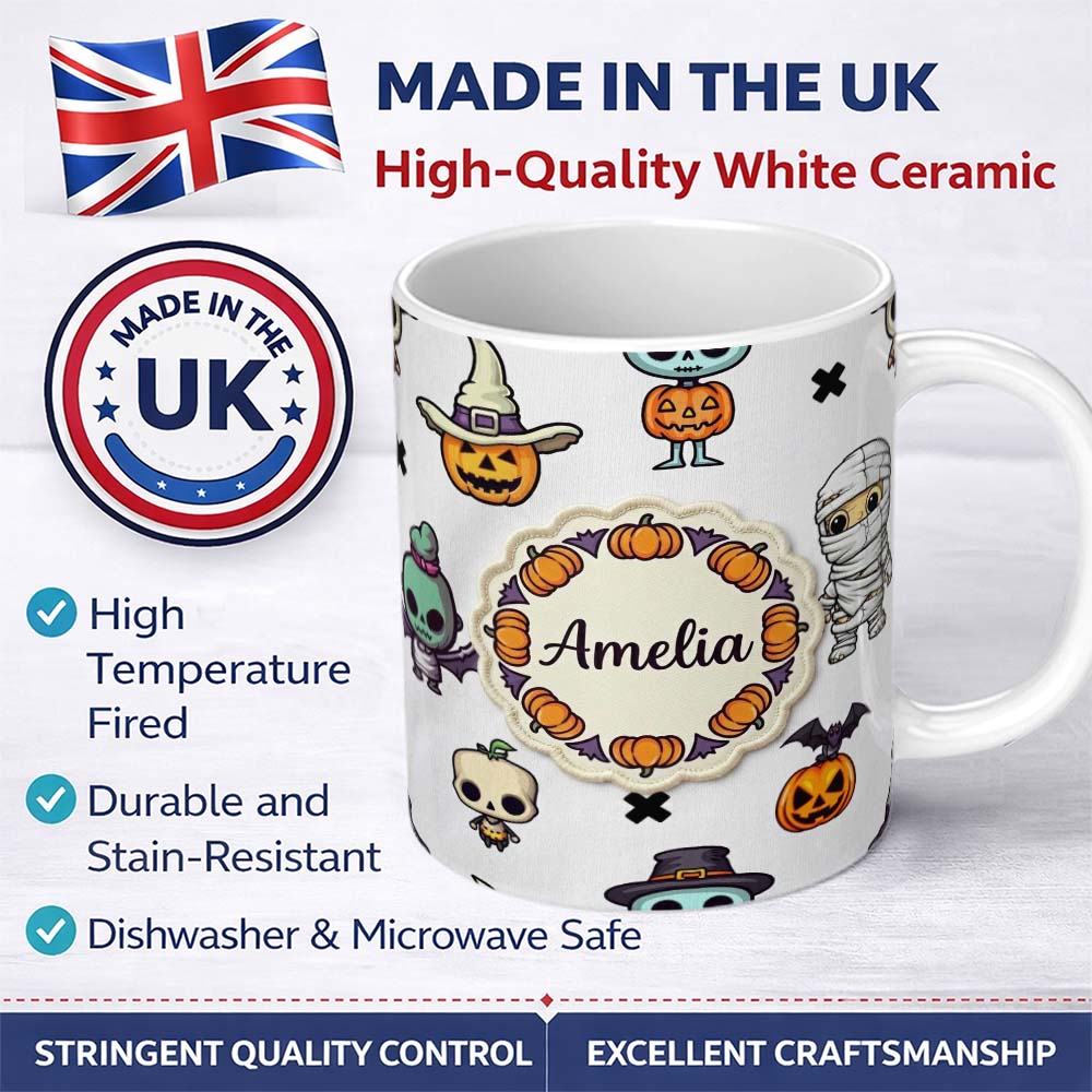 Personalized Custom Name Cute Halloween Frankenstein Mummy Pumpkin Character Seamless 11oz Ceramic Coffee Tea Mug White Large Handle