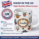Personalized Custom Name Cute Halloween Frankenstein Mummy Pumpkin Character Seamless 11oz Ceramic Coffee Tea Mug White Large Handle