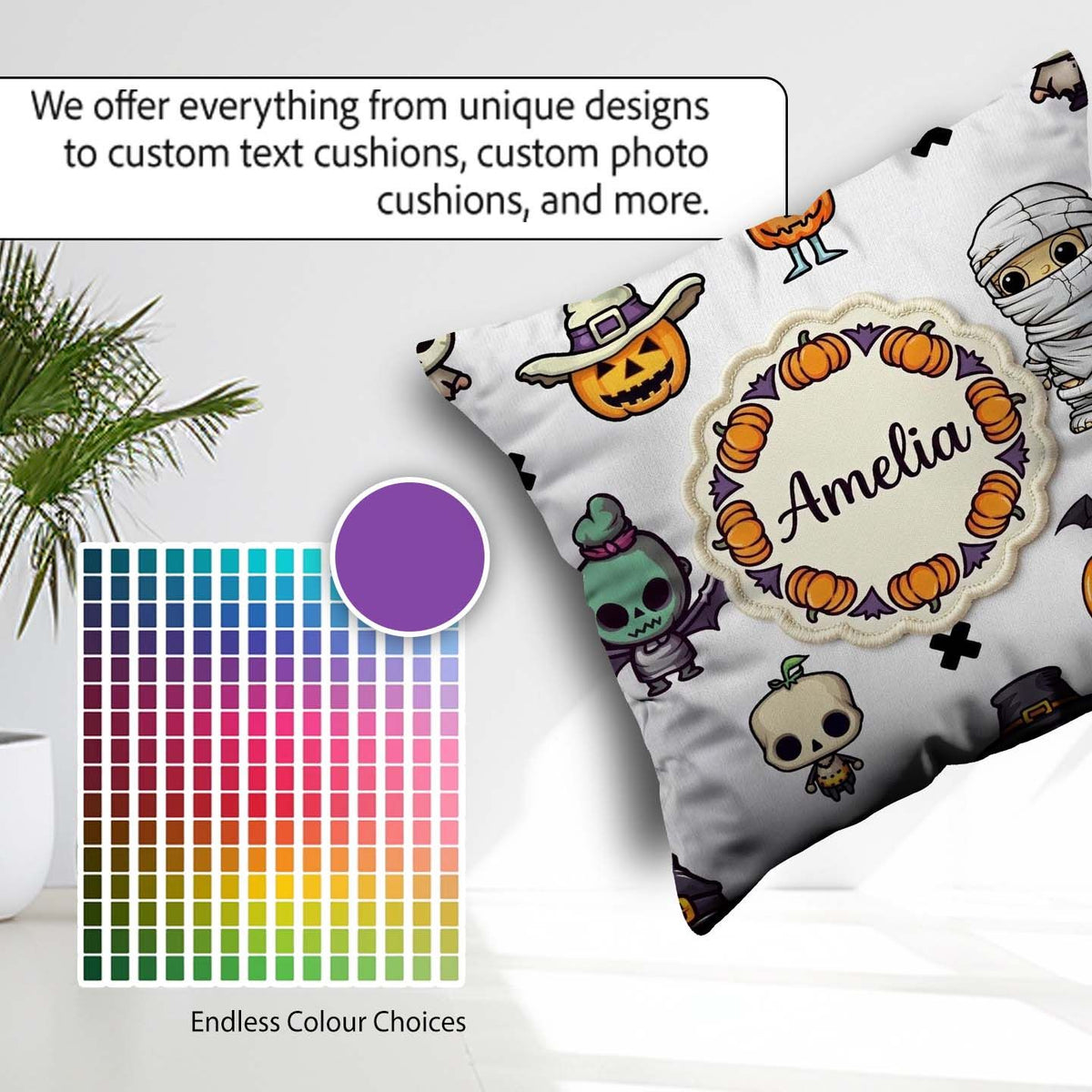 Custom Name Cute Halloween Frankenstein Mummy Character Seamless Square Filled Cushion Throw Pillow Sofa Bed Home Decor Zip Washable UK Made