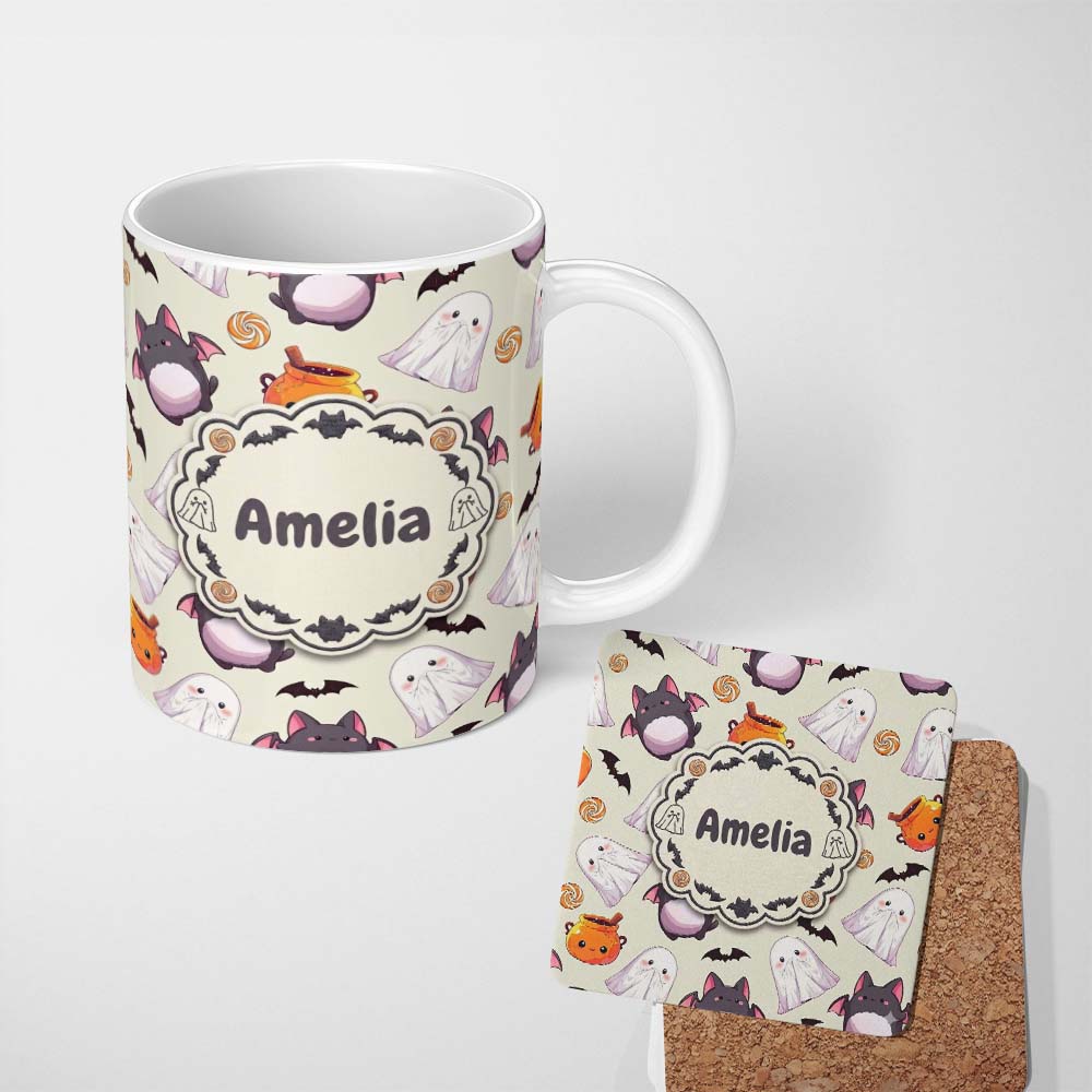 Personalized Custom Name Cute Kawaii Ghost Bat Candy Pumpkin Seamless Pattern Cream 11oz Ceramic Coffee Tea Mug White Large Handle