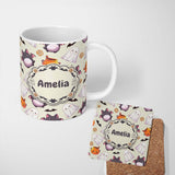 Personalized Custom Name Cute Kawaii Ghost Bat Candy Pumpkin Seamless Pattern Cream 11oz Ceramic Coffee Tea Mug White Large Handle