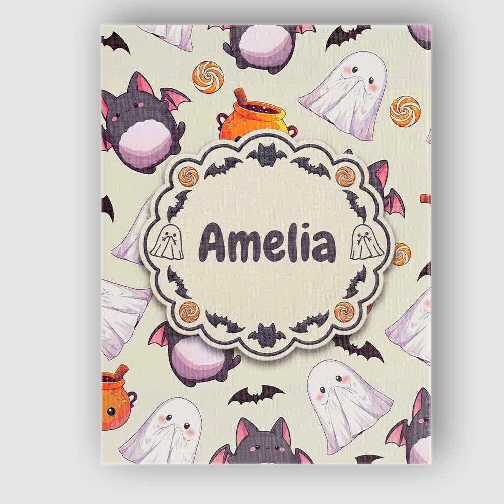 Personalised Name Cute Kawaii Ghost Bat Custom  Modern Room Accent Elegant Feature Canvas Wall Art Print Decor Picture Ready to Hang