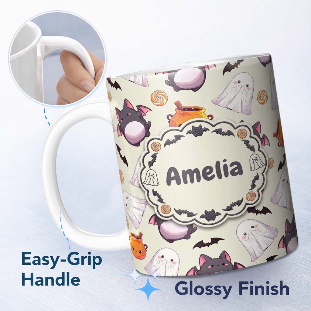 Personalized Custom Name Cute Kawaii Ghost Bat Candy Pumpkin Seamless Pattern Cream 11oz Ceramic Coffee Tea Mug White Large Handle