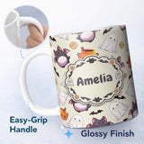 Personalized Custom Name Cute Kawaii Ghost Bat Candy Pumpkin Seamless Pattern Cream 11oz Ceramic Coffee Tea Mug White Large Handle