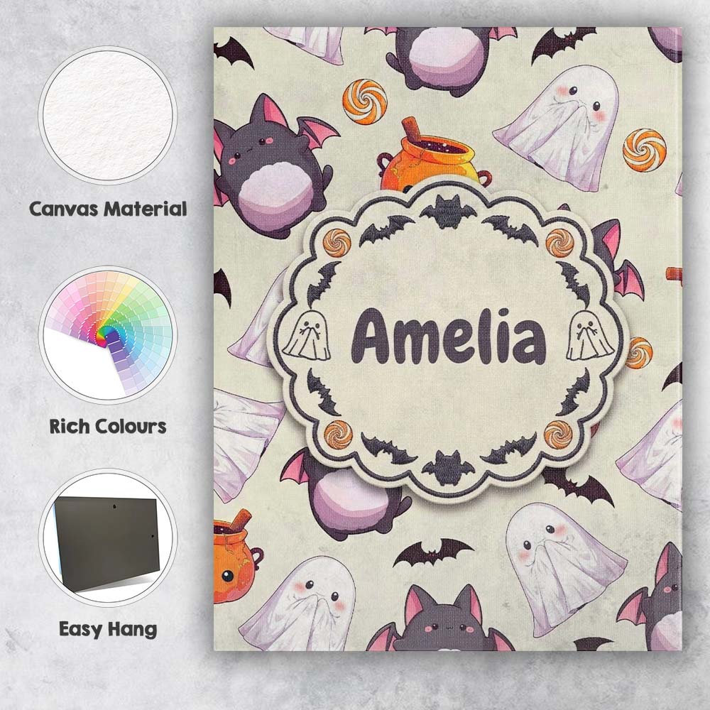 Personalised Name Cute Kawaii Ghost Bat Custom  Modern Room Accent Elegant Feature Canvas Wall Art Print Decor Picture Ready to Hang