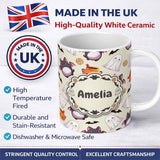 Personalized Custom Name Cute Kawaii Ghost Bat Candy Pumpkin Seamless Pattern Cream 11oz Ceramic Coffee Tea Mug White Large Handle
