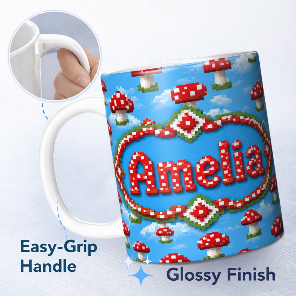 Personalized Custom Name Cute Pixel Mushroom Clouds Sky Seamless Pattern Beautiful Coffee Cup 11oz Ceramic Coffee Tea Mug White Large Handle
