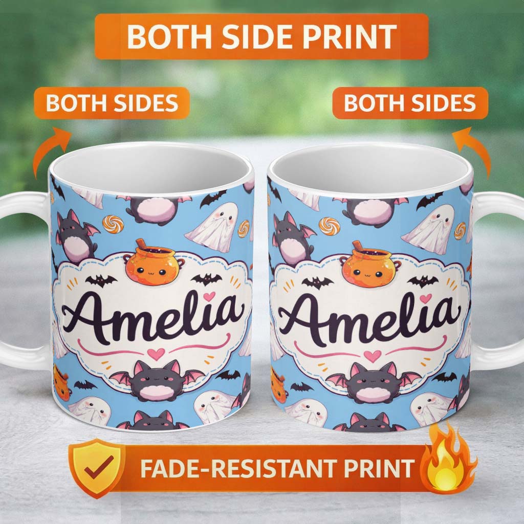 Personalized Custom Name Cute Kawaii Ghost Bat Candy Pumpkin Seamless Pattern Blue 11oz Ceramic Coffee Tea Mug White Large Handle
