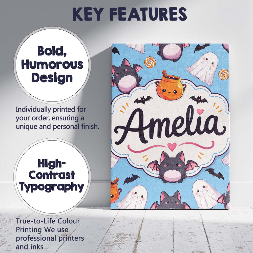 Personalised Name Cute Kawaii Ghost Bat Custom  Modern Room Accent Elegant Feature Canvas Wall Art Print Decor Picture Ready to Hang