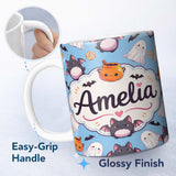 Personalized Custom Name Cute Kawaii Ghost Bat Candy Pumpkin Seamless Pattern Blue 11oz Ceramic Coffee Tea Mug White Large Handle
