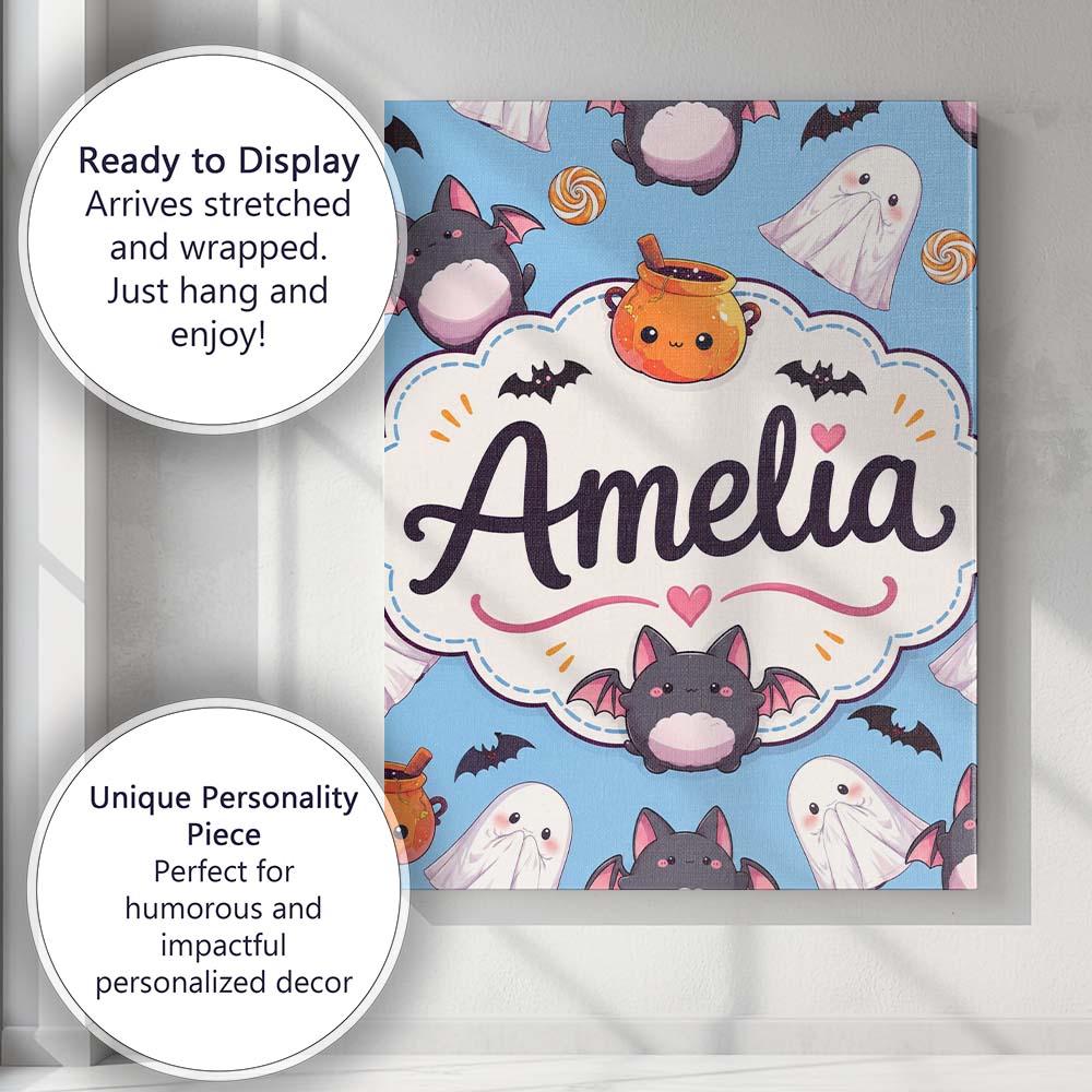 Personalised Name Cute Kawaii Ghost Bat Custom  Modern Room Accent Elegant Feature Canvas Wall Art Print Decor Picture Ready to Hang