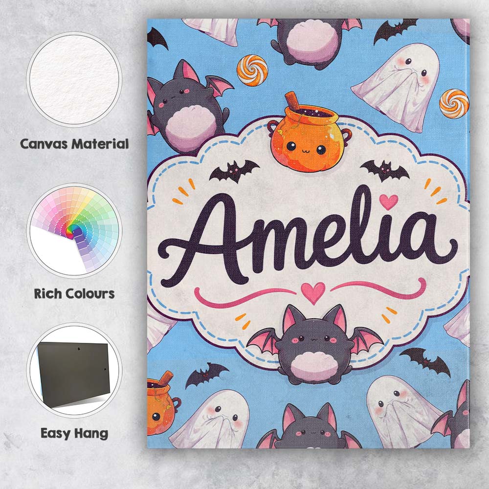 Personalised Name Cute Kawaii Ghost Bat Custom  Modern Room Accent Elegant Feature Canvas Wall Art Print Decor Picture Ready to Hang