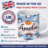 Personalized Custom Name Cute Kawaii Ghost Bat Candy Pumpkin Seamless Pattern Blue 11oz Ceramic Coffee Tea Mug White Large Handle