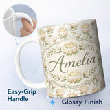 Personalized Custom Name Neutral Cream Protea Flowers Botanical Seamless Pattern Lovely 11oz Ceramic Coffee Tea Mug White Large Handle
