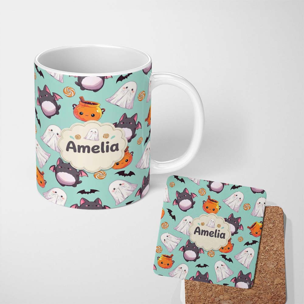 Personalized Custom Name Cute Kawaii Ghost Bat Candy Pumpkin Seamless Pattern Mint 11oz Ceramic Coffee Tea Mug White Large Handle