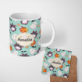 Personalized Custom Name Cute Kawaii Ghost Bat Candy Pumpkin Seamless Pattern Mint 11oz Ceramic Coffee Tea Mug White Large Handle